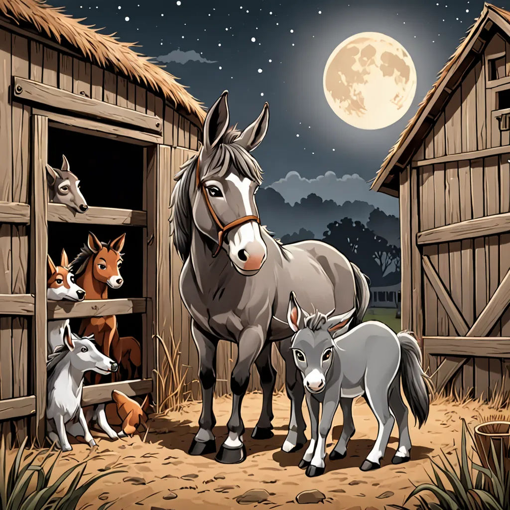a group of animals standing in front of a barn at night with a full moon in the background and a barn with a few horses, folk art, a storybook illustration, Florence Engelbach, storybook illustration