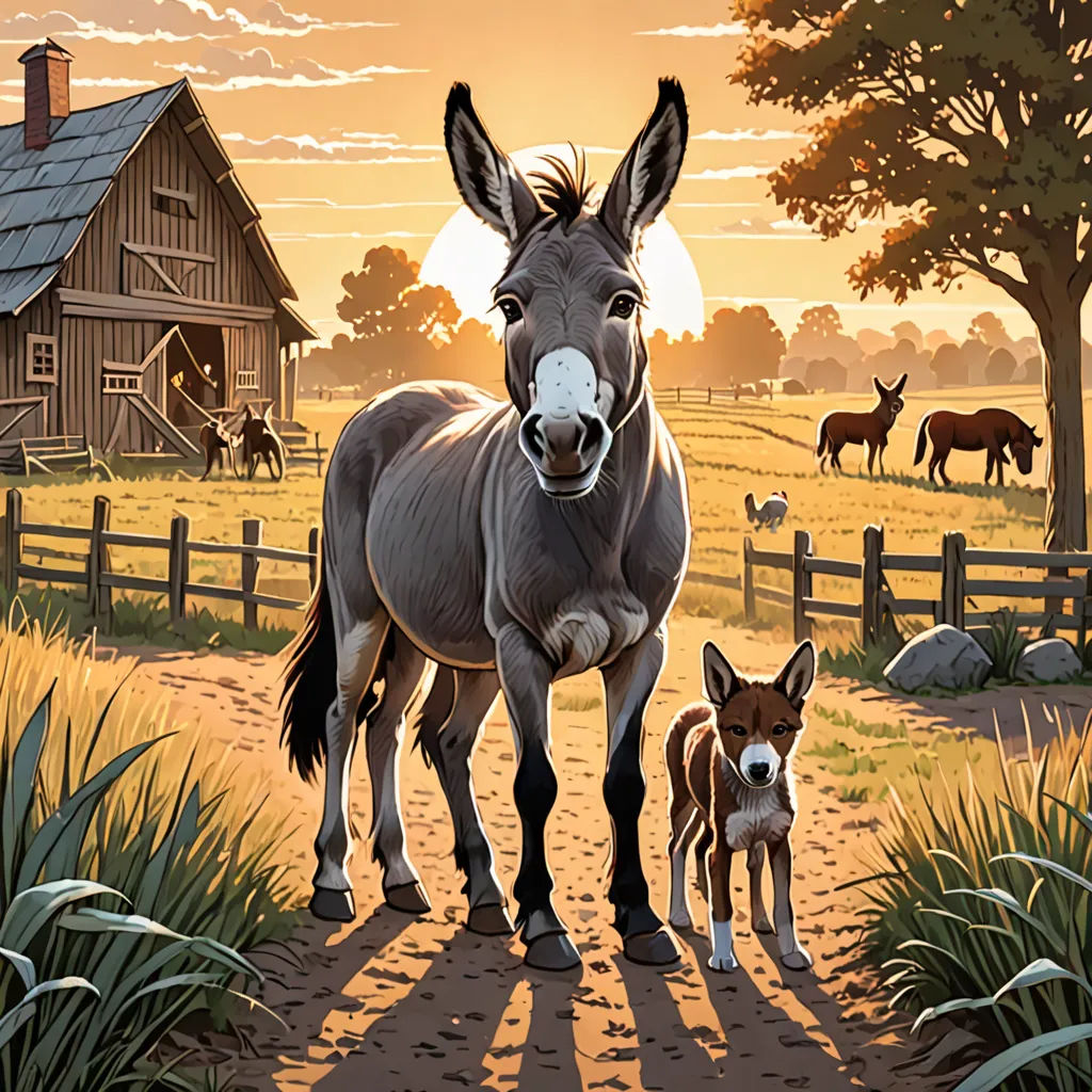 a painting of a donkey and a baby horse on a farm path at sunset with a barn in the background, american scene painting, a storybook illustration, Brothers Hildebrandt, storybook illustration