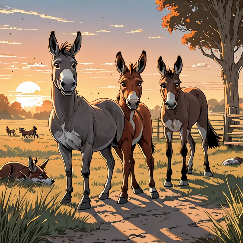 a couple of horses standing on top of a grass covered field next to a forest and a fenced in area, american scene painting, a comic book panel, Asaf Hanuka, official art