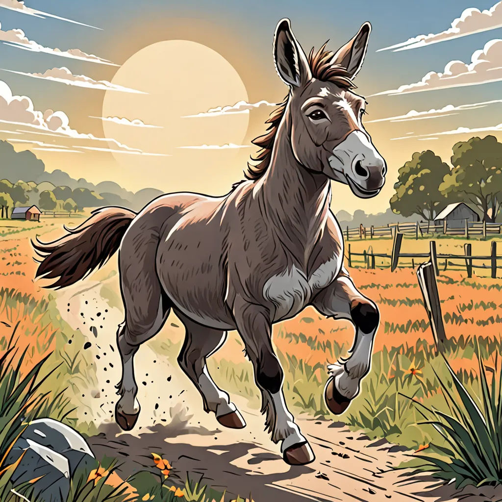 a horse running across a dirt road in a field of grass and flowers with a sunset in the background, american scene painting, a comic book panel, Chris LaBrooy, comic cover art