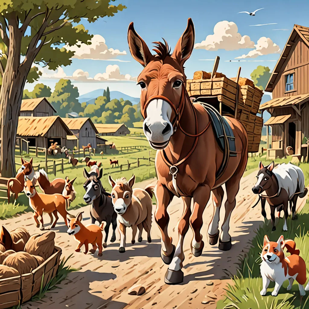 a horse and a dog are walking down a dirt road with a wagon on its back and a dog in the foreground, american scene painting, a storybook illustration, Chris LaBrooy, furaffinity