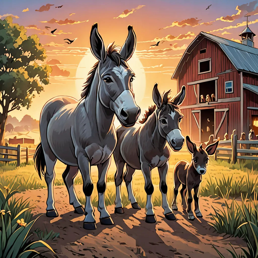 a painting of three donkeys standing in front of a barn at sunset with a baby donkey in the foreground, american scene painting, a storybook illustration, Dan Mumford, western comic book art