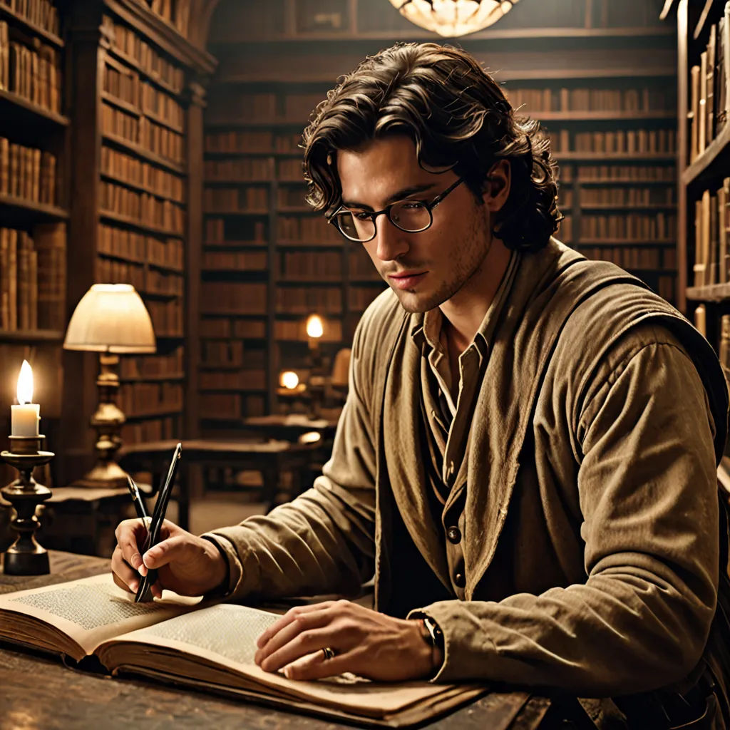 a man sitting at a table in a library writing on a book with a candle in front of him, a detailed matte painting, David Teniers III, pre-raphaelitism, promotional image
