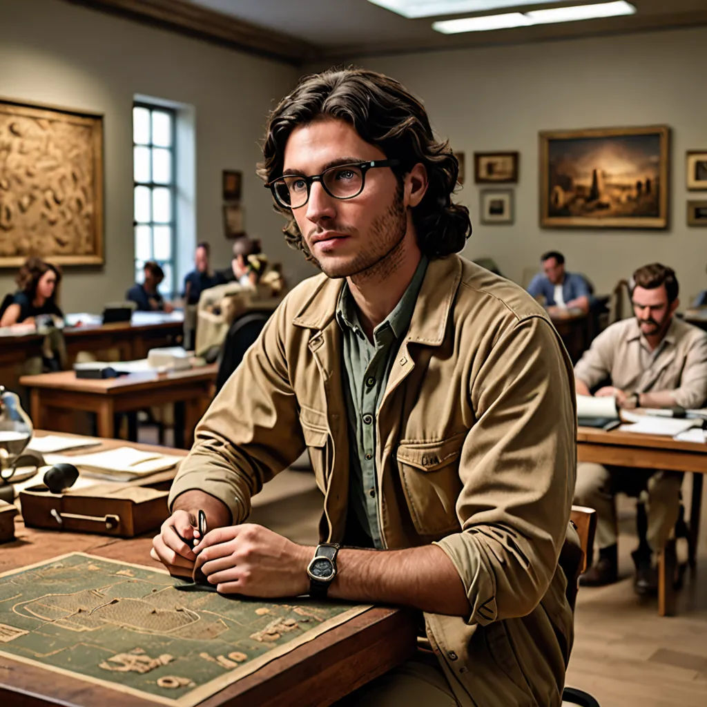 a man sitting at a table with a book and pen in his hand and people in the background sitting at desks, a bronze sculpture, David Teniers III, arts and crafts movement, promotional image