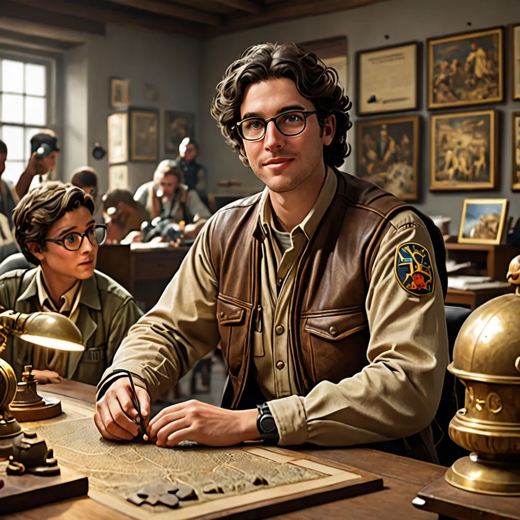 a man in a uniform sitting at a desk with a group of people in the background looking at a piece of paper, computer graphics, Ettore Tito, arbeitsrat für kunst, promotional image