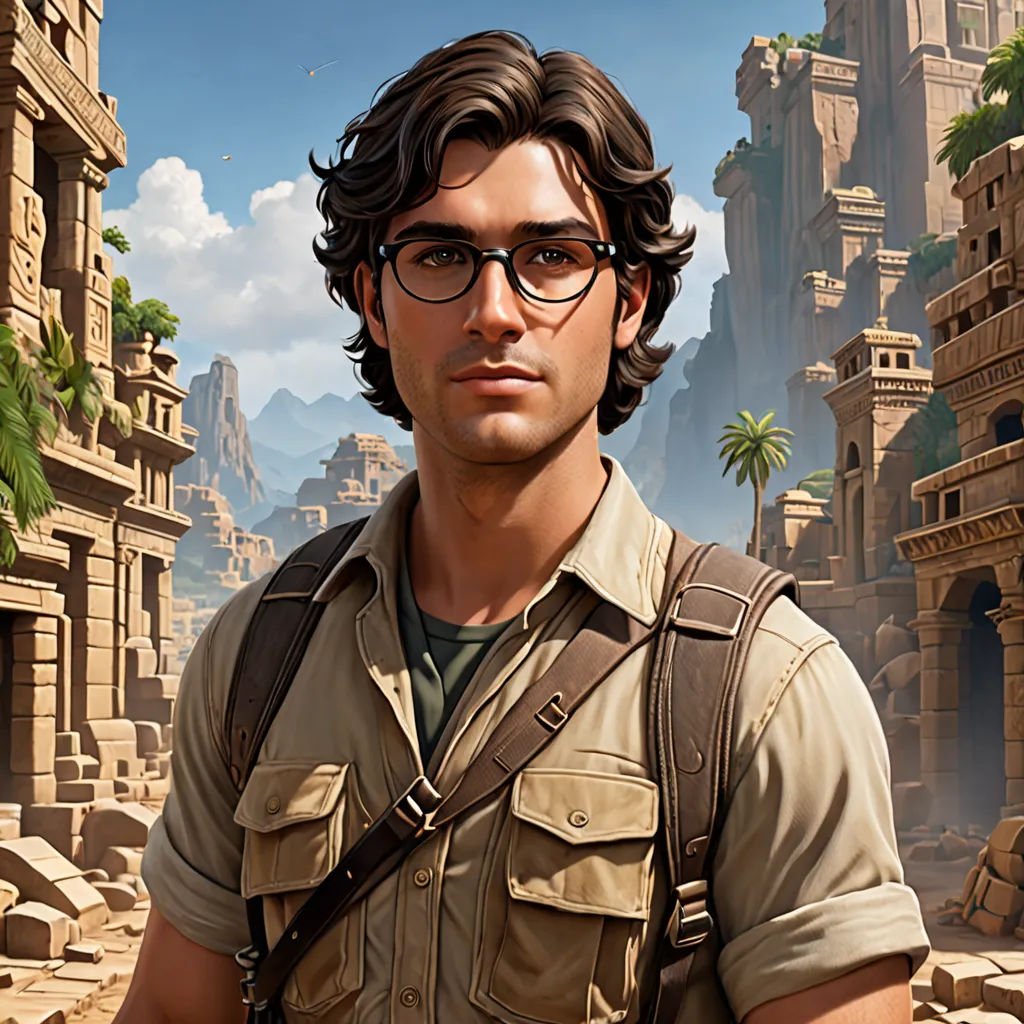 a man with glasses and a backpack in a desert setting with a palm tree in the background and a mountain in the background, a character portrait, Cedric Seaut (Keos Masons), serial art, character portrait