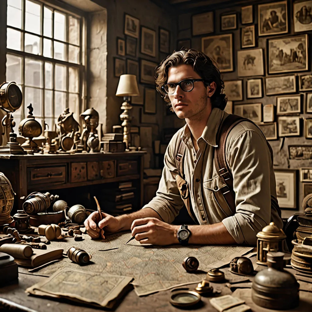 a man sitting at a desk with lots of items on it and a lot of pictures on the wall, a bronze sculpture, Annie Leibovitz, arts and crafts movement, steampunk