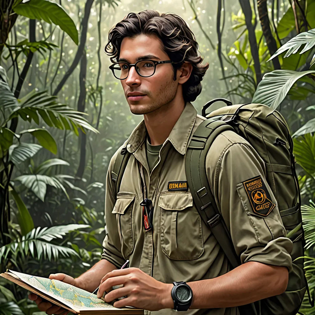 a man in a jungle with a backpack and a map in his hands and a backpack on his shoulder, a photorealistic painting, Adam Paquette, photorealism, promotional image