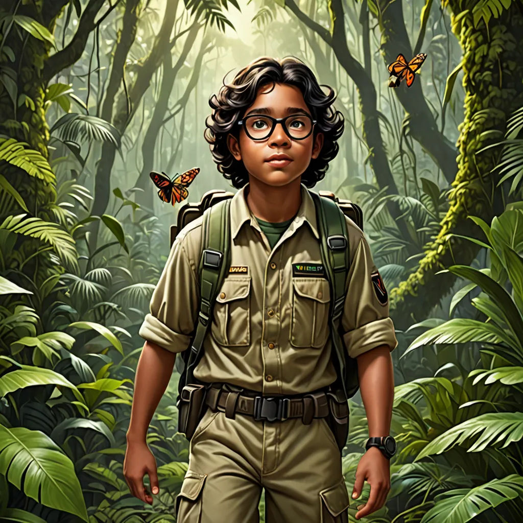 a painting of a boy scout in the jungle with a butterfly on his shoulder and a butterfly on his shoulder, poster art, Aaron Jasinski, serial art, promotional image