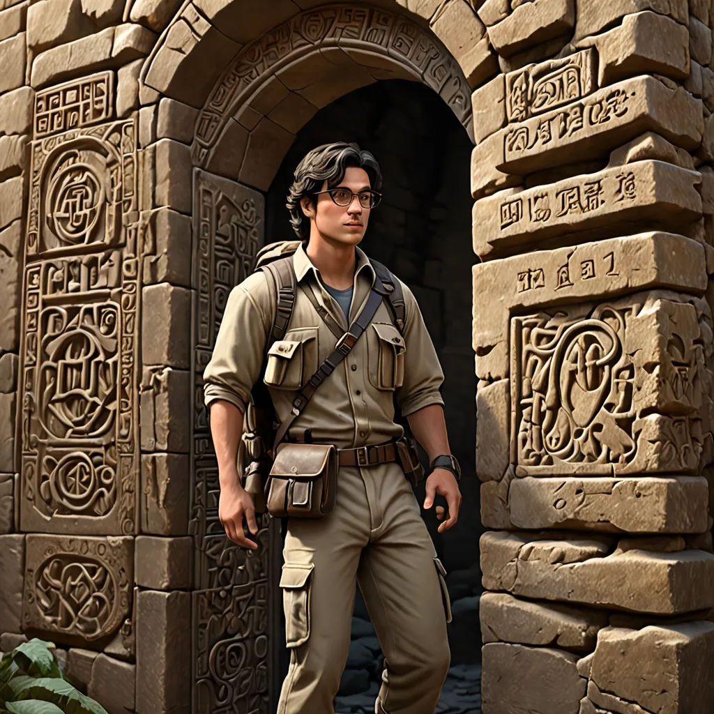 a man in a safari outfit standing in front of a stone building with carvings on it's sides, a character portrait, Daryush Shokof, neo-primitivism, promotional image