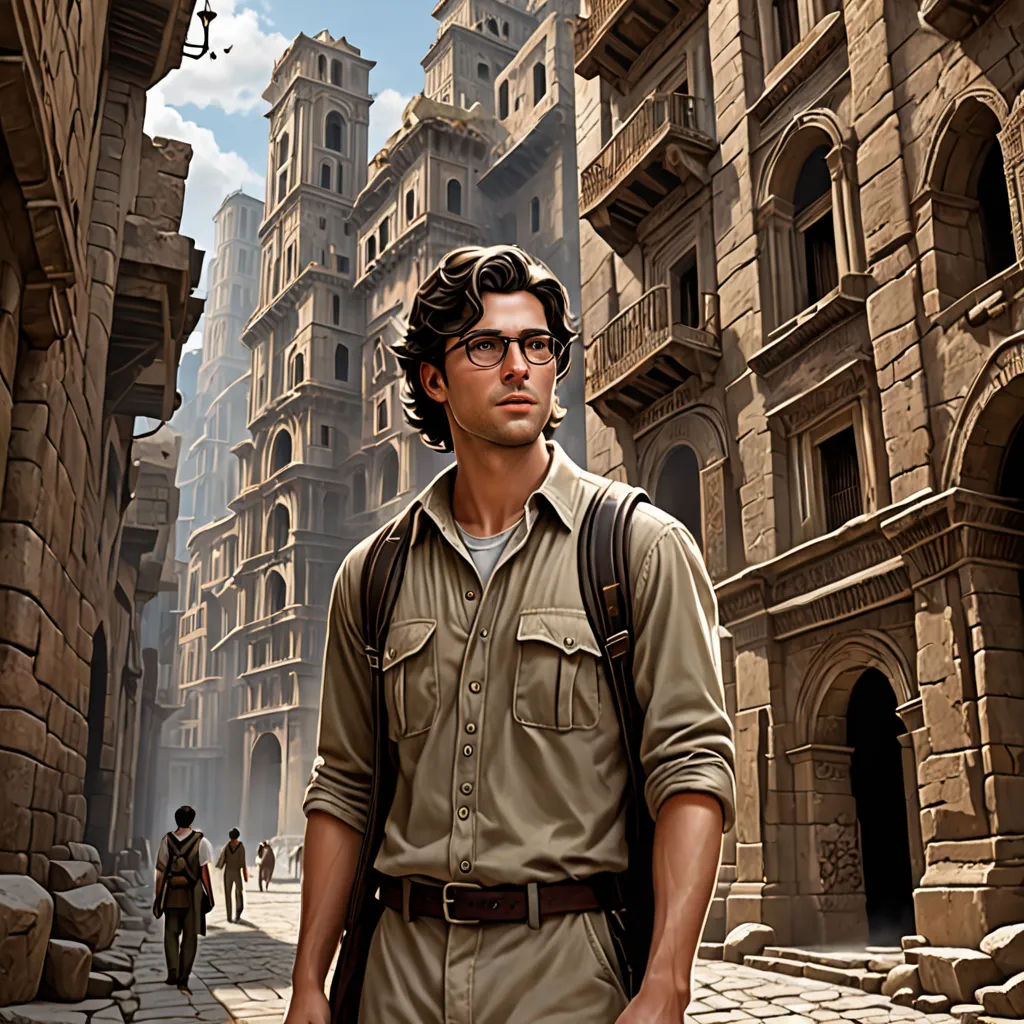 a man in a brown shirt and glasses walking down a street with a suitcase in his hand and a man in a brown shirt and tan shirt, a detailed matte painting, David Palumbo, fantastic realism, dieselpunk