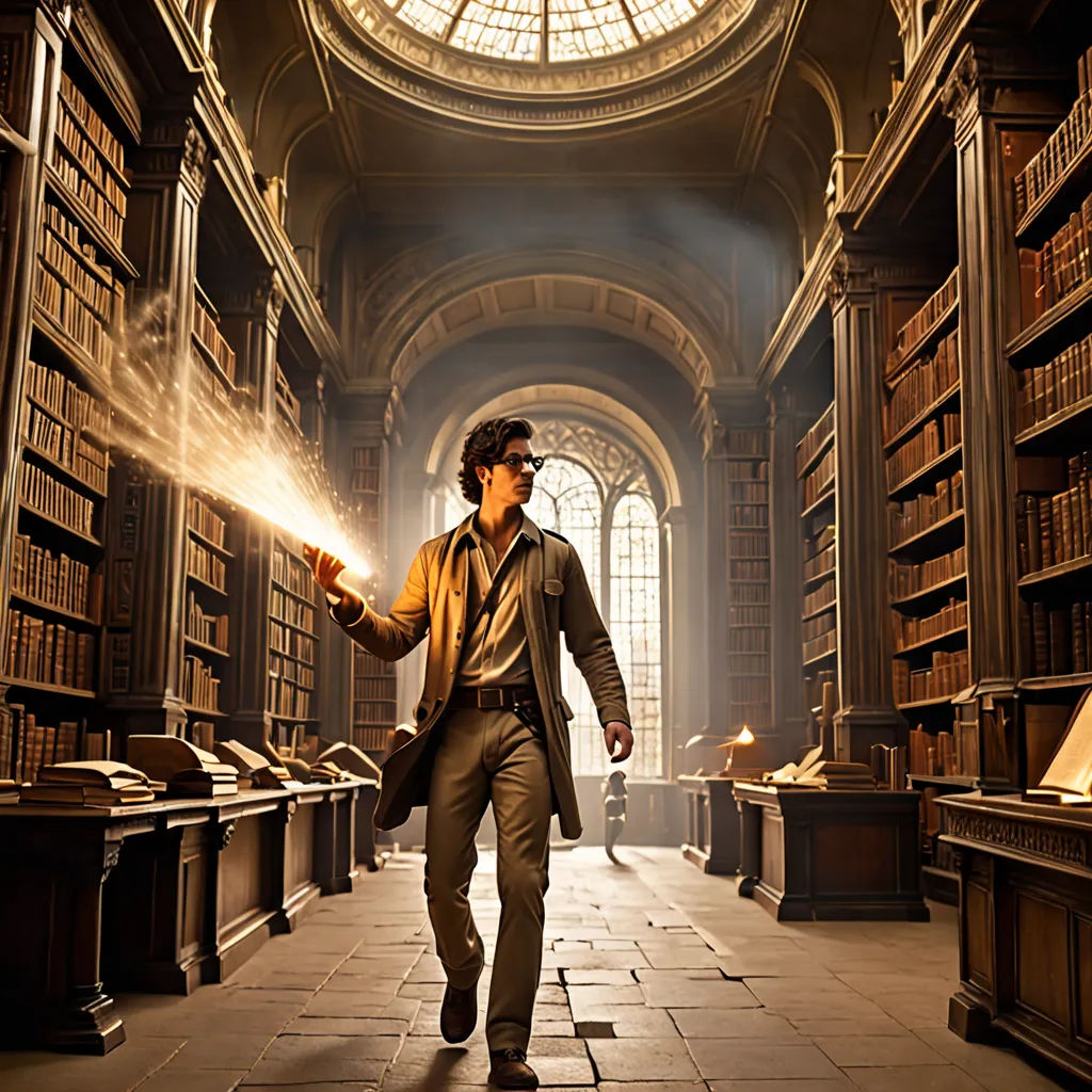 a man in a library holding a light wand and a book case full of books on the other side of the room, a comic book panel, Cedric Seaut (Keos Masons), academic art, promotional image