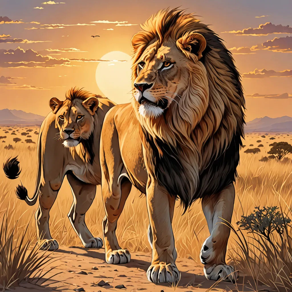 a painting of two lions walking in the desert at sunset or dawn with a bird flying in the background, furry art, an airbrush painting, Brothers Hildebrandt, majestic