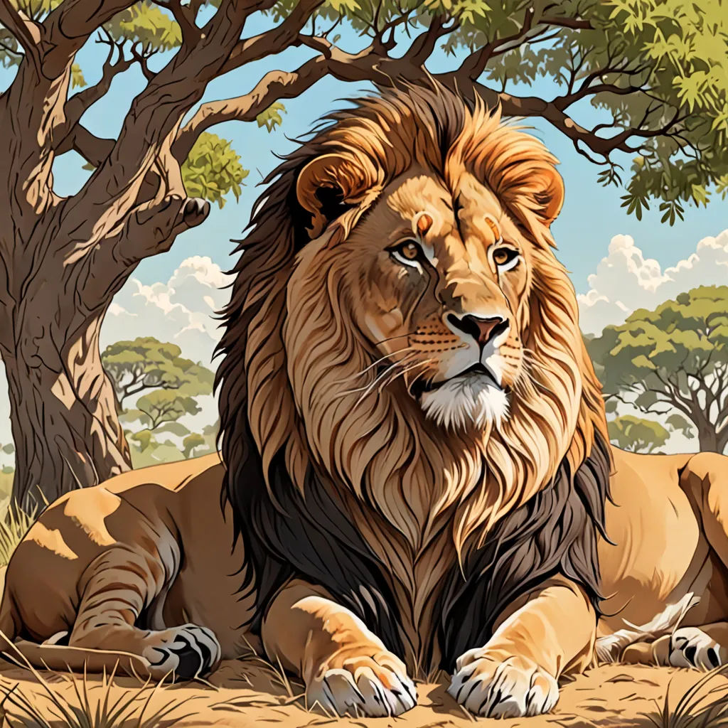 a lion laying in the grass under a tree with a sky background and clouds in the background, with a few trees and bushes, fantastic realism, an airbrush painting, Chris LaBrooy, highly detailed digital painting