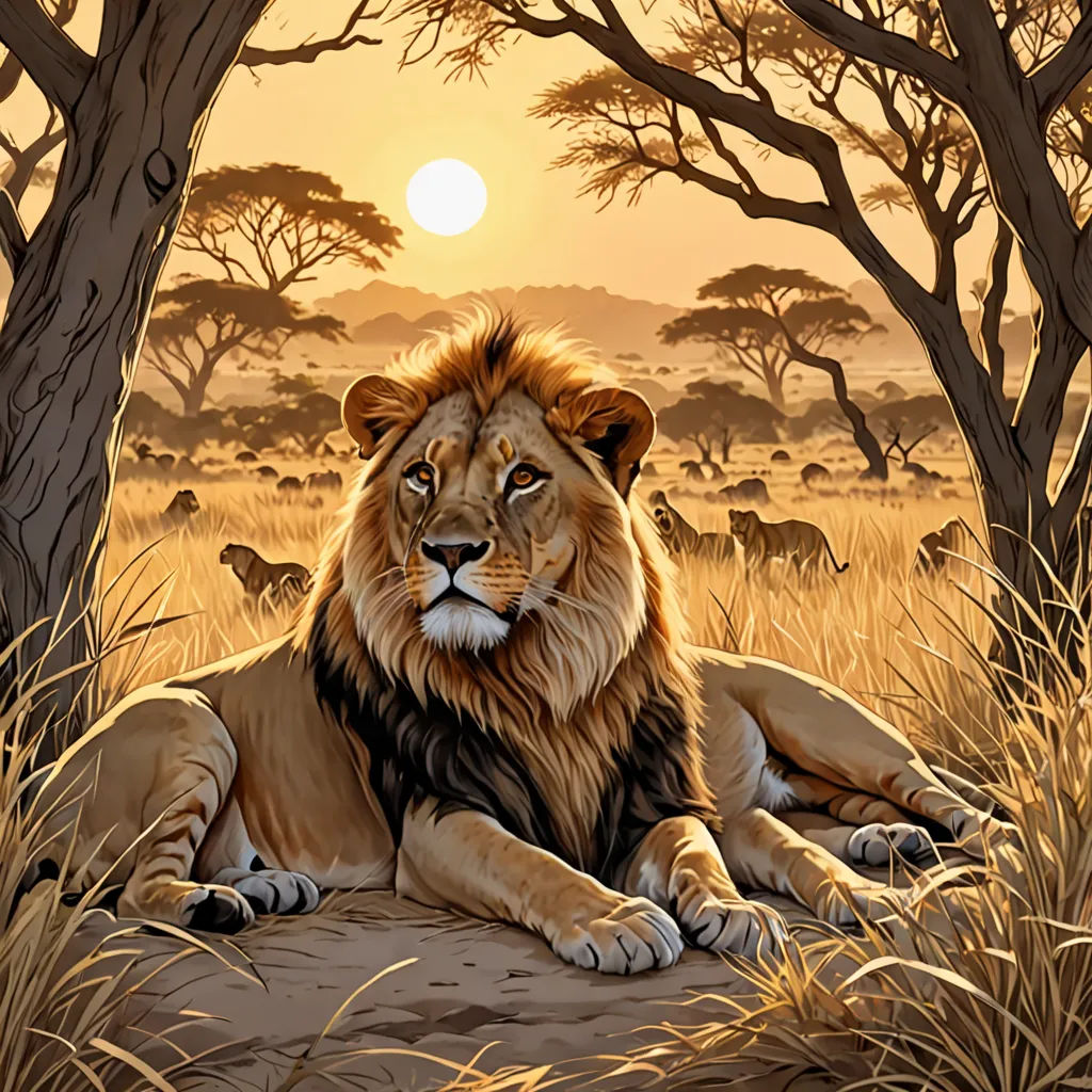 a lion laying in the grass in front of a tree and other animals in the background with a sunset, fantasy art, an airbrush painting, Chris LaBrooy, majestic
