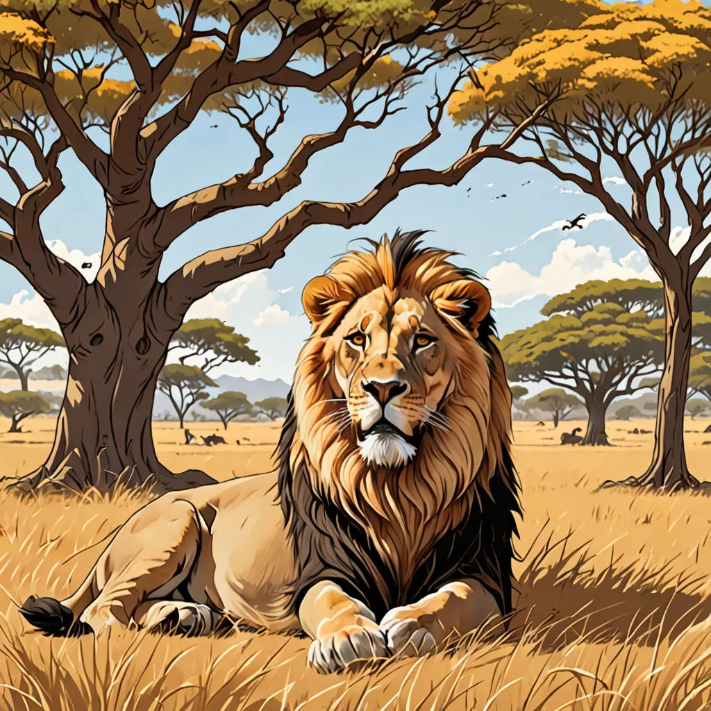 a lion laying in the grass in front of trees and a sky background with clouds and clouds, with a blue sky and yellow grass, and brown grass, and brown, and, fantastic realism, an airbrush painting, Chris LaBrooy, highly detailed digital painting