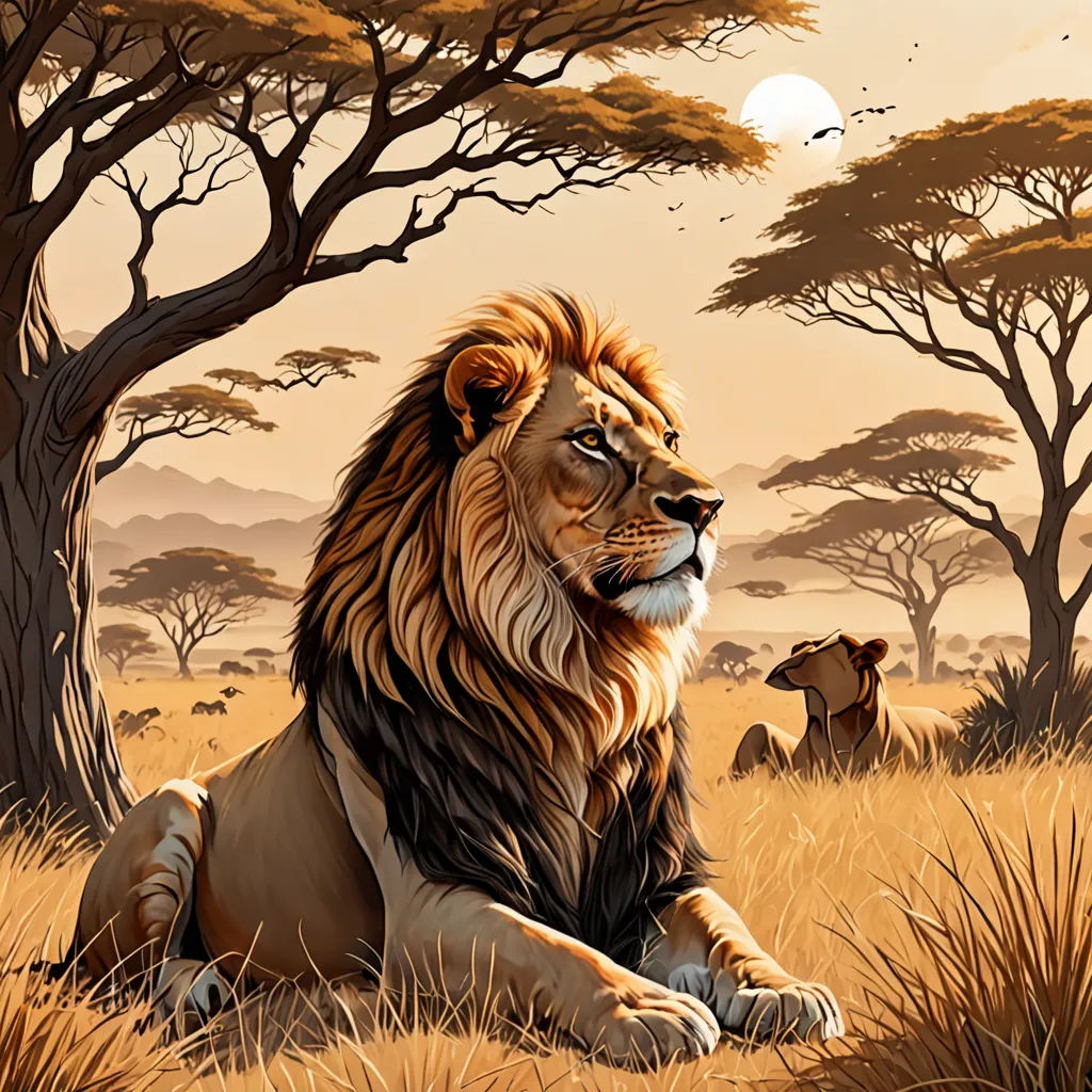 a painting of a lion and a lion cub in the wild with trees in the background and a full moon in the sky, fantasy art, an airbrush painting, Chris LaBrooy, highly detailed digital painting