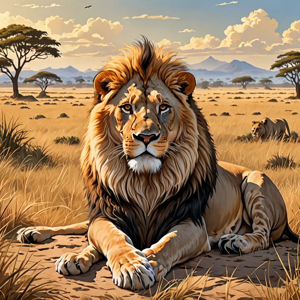 a painting of a lion laying in the grass with other animals in the background and a sky with clouds, fantastic realism, an airbrush painting, Chris LaBrooy, highly detailed digital painting