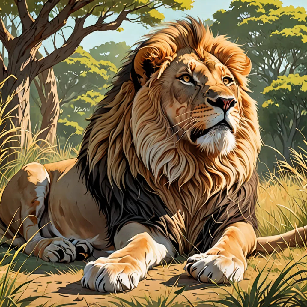 a painting of a lion laying in the grass near a tree and bushes with a blue sky in the background, furry art, an airbrush painting, Chris LaBrooy, highly detailed digital painting