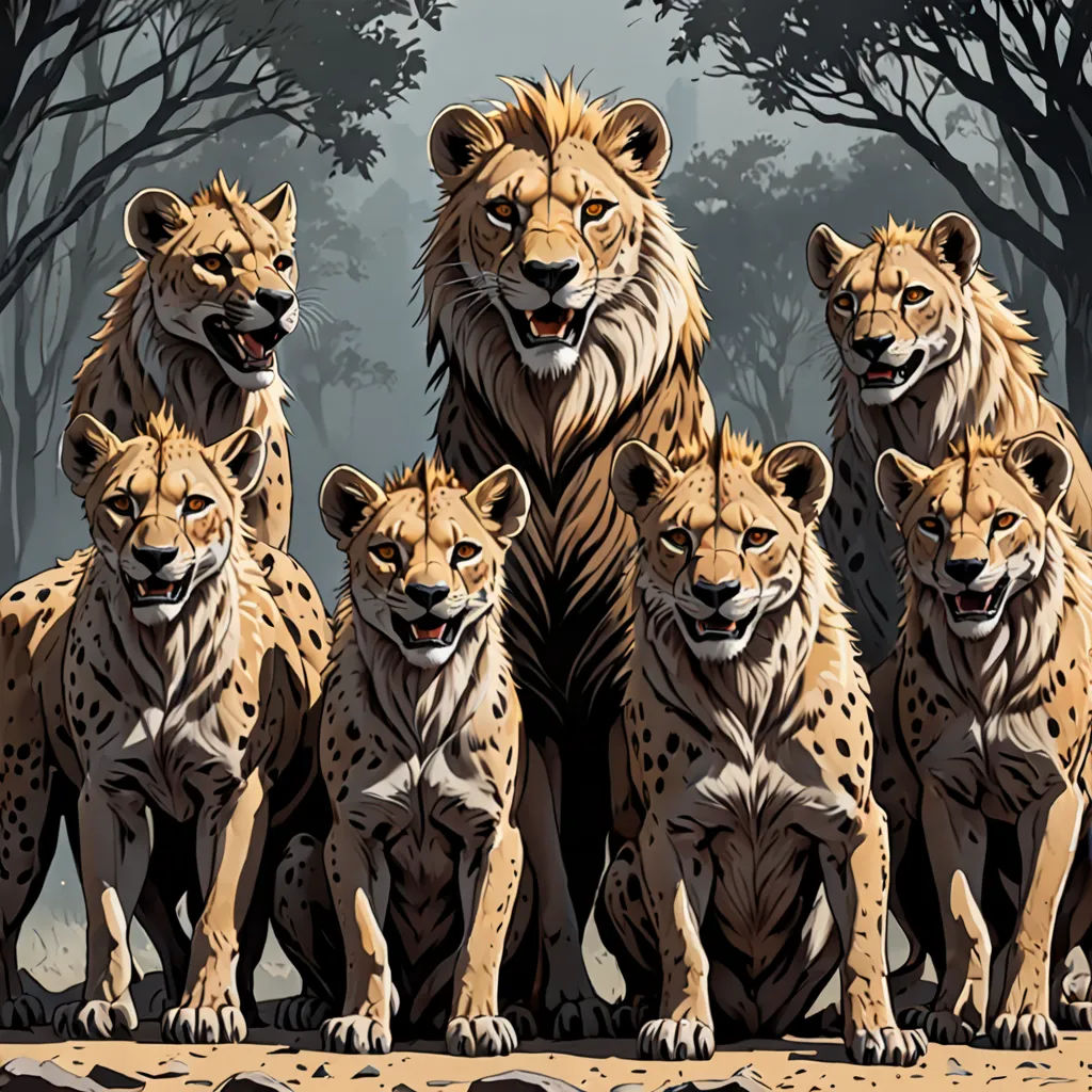 a group of five lions standing next to each other in front of trees and rocks with a forest in the background, furry art, an album cover, Brothers Hildebrandt, furaffinity