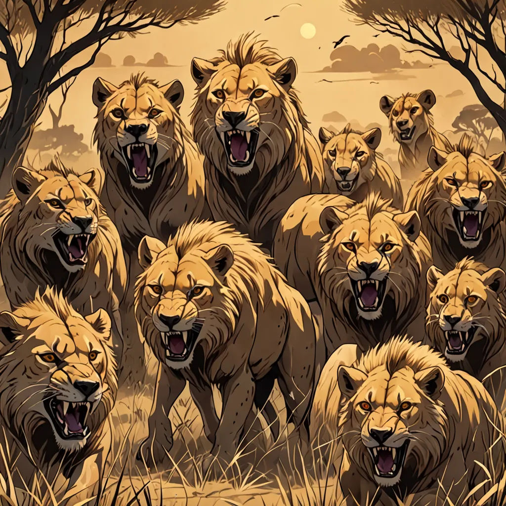 a group of lions standing in a field with trees in the background and a full moon in the sky, lyco art, an illustration of, Chris LaBrooy, furaffinity