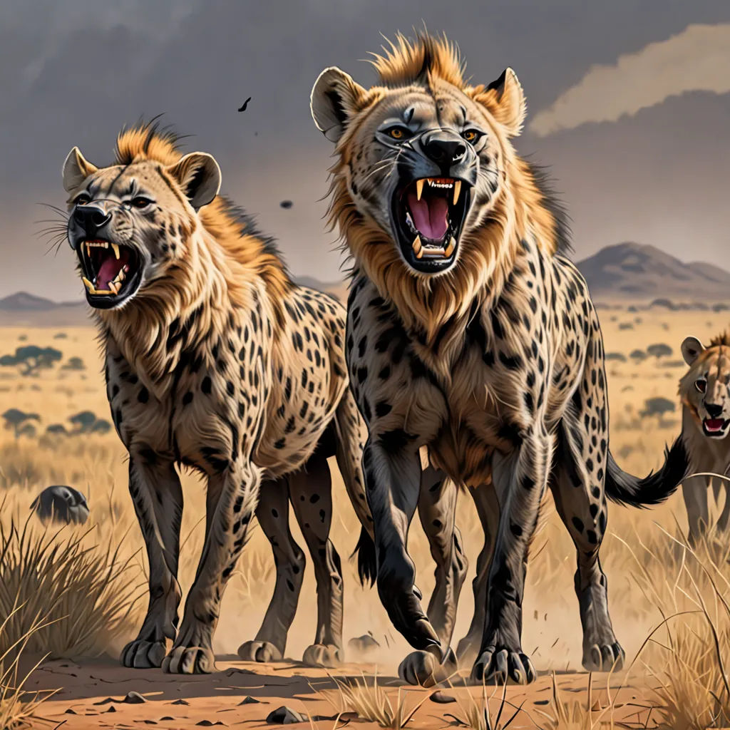 three wild animals are walking in the desert together, with a sky background and a dark cloud in the sky, furry art, an oil painting, Brothers Hildebrandt, walton ford