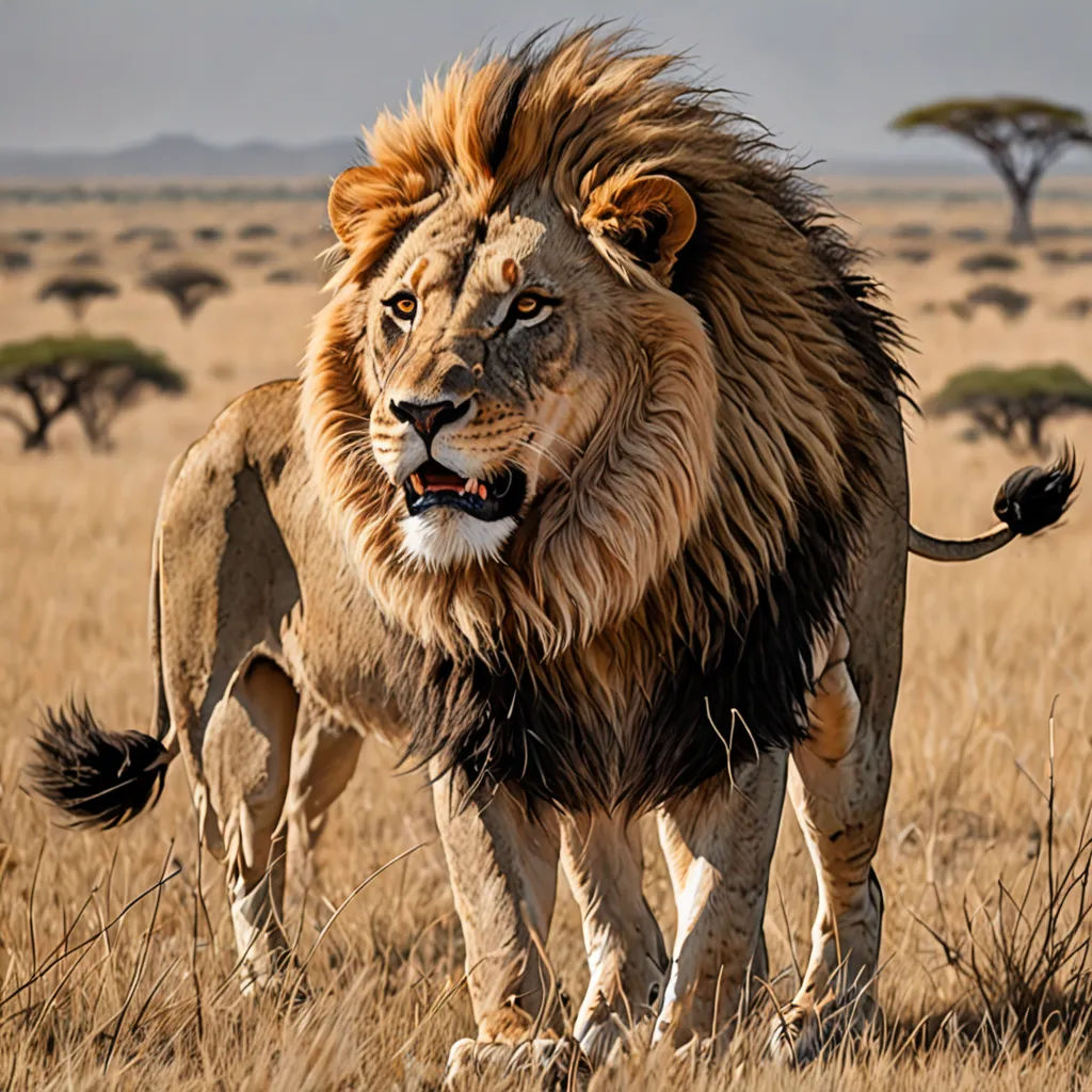 a lion walking through a dry grass field with trees in the background and a sky background with clouds in the distance, sumatraism, a digital rendering, Darrell Riche, wildlife photography