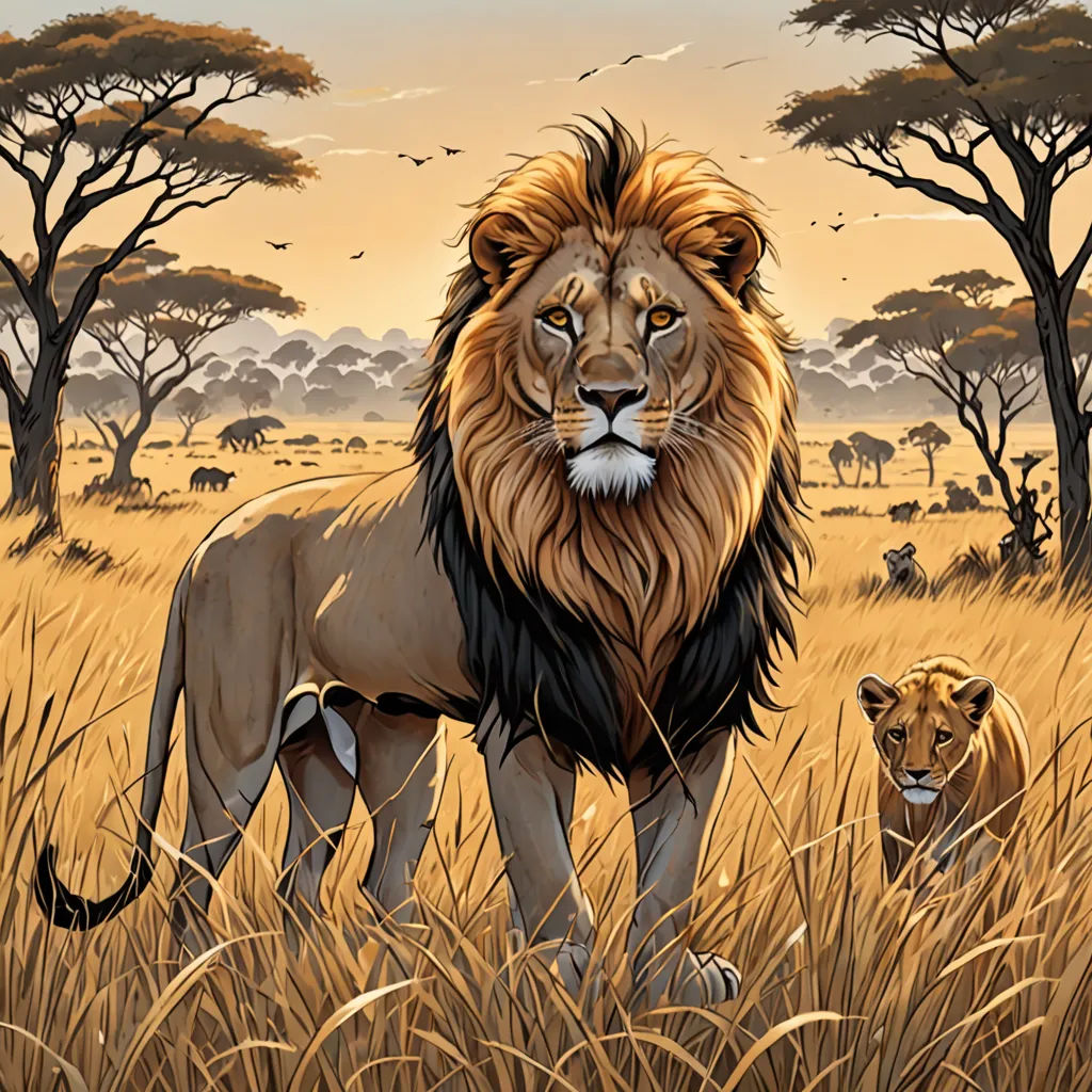 a lion and a lion cub in a field of tall grass with trees in the background and birds flying overhead, fantasy art, an airbrush painting, Chris LaBrooy, highly detailed digital painting