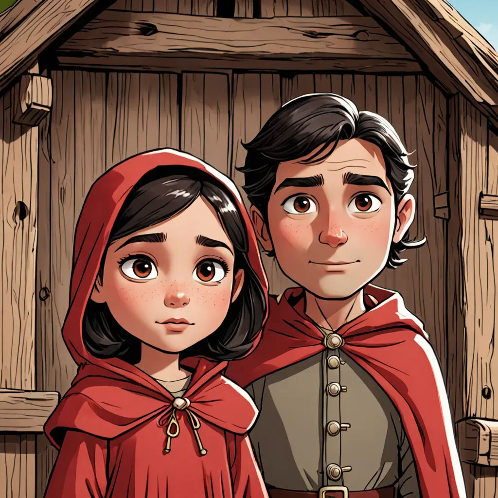 a man and a woman in red standing in front of a wooden structure with a door and a roof, serial art, a storybook illustration, Diego Gisbert Llorens, comic cover art