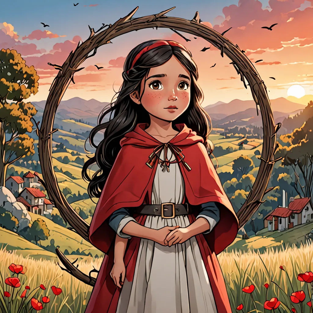 a girl in a red cape standing in a field with a wreath of branches around her neck and a bird flying overhead, fantasy art, a storybook illustration, Evaline Ness, rossdraws global illumination