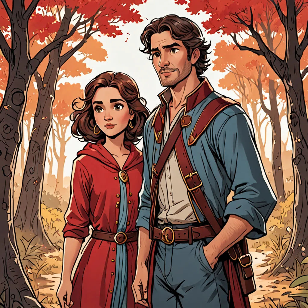 a man and woman standing in a forest with trees in the background and a red maple tree in the foreground, fantasy art, a storybook illustration, Cliff Childs, comic cover art