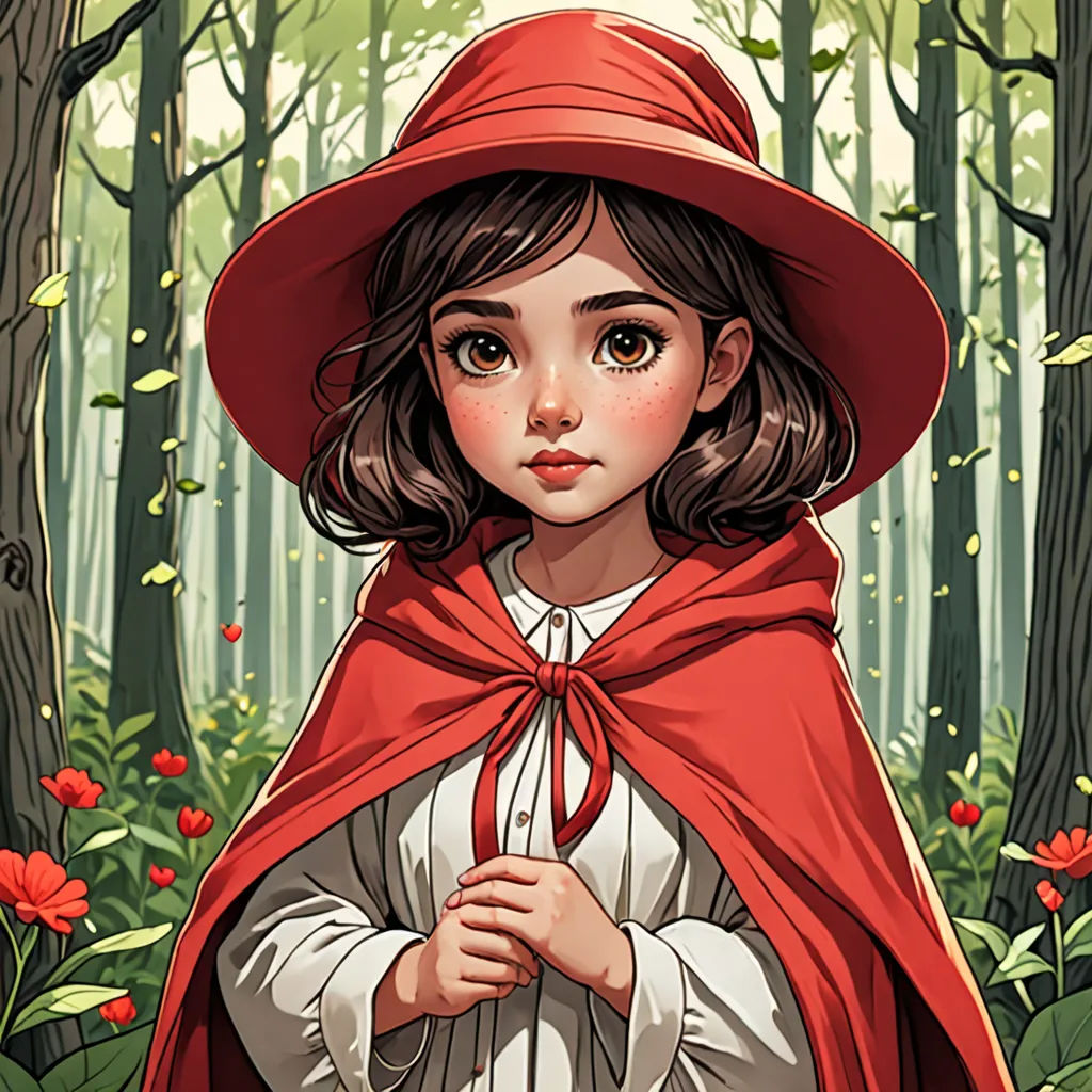 a little girl in a red cape and a red hat in a forest with red flowers and trees in the background, fantasy art, a storybook illustration, Alice Prin, deviantart artstation