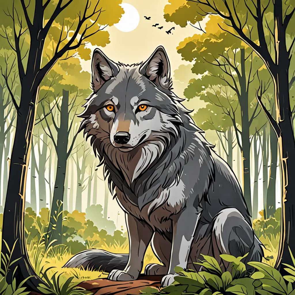 a wolf sitting in the woods with trees and leaves around it's edges and a full moon in the background, furry art, a character portrait, Dan Mumford, official art