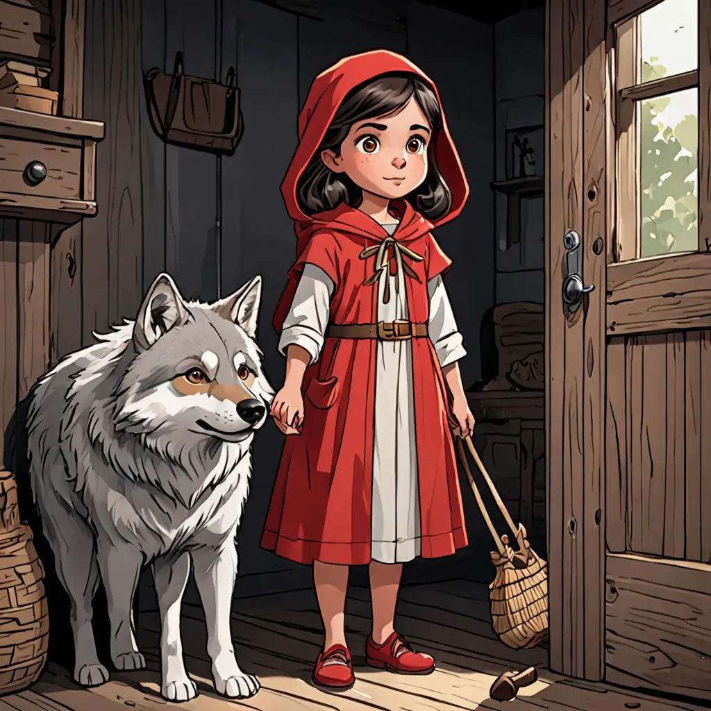 a little red riding hoodie standing next to a wolf in a room with a door and a basket, fantasy art, a storybook illustration, Dorothy Hood, 2 d game art