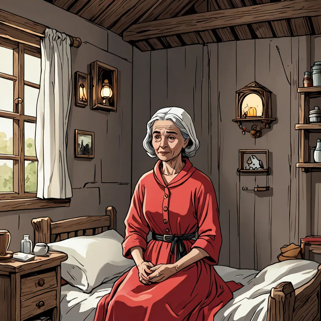 a woman in a red dress sitting on a bed in a room with wood walls and a window with a white curtain, context art, a storybook illustration, Anne Said, storybook illustration