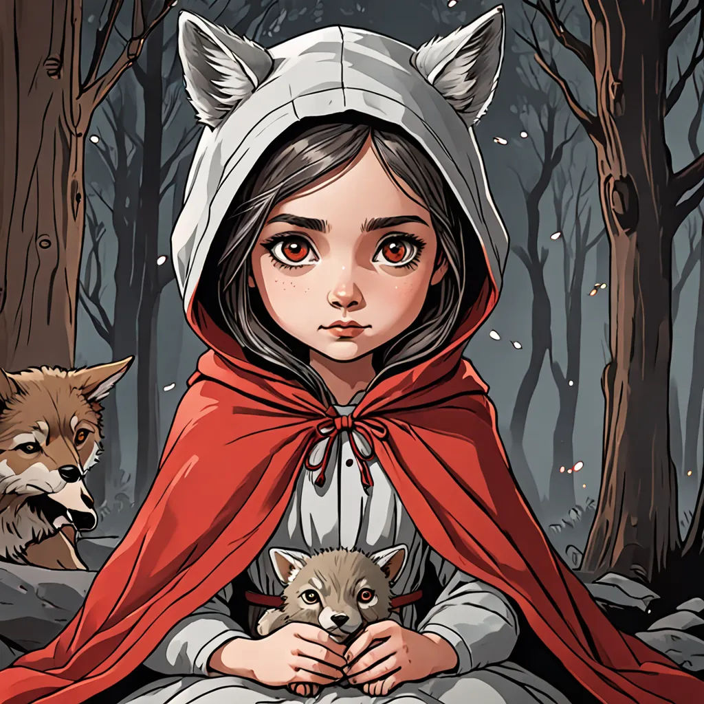 a little girl in a red cape holding a baby fox in a forest with a wolf behind her and a wolf behind her, fantasy art, a storybook illustration, Artgerm, comic cover art