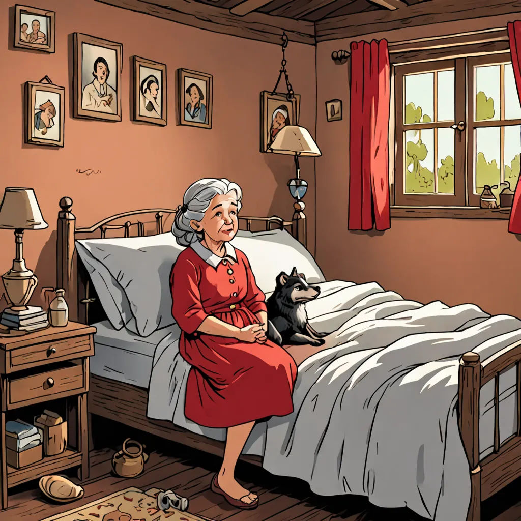a woman in a red dress sitting on a bed with a dog in her lap and a cat on her lap, context art, a storybook illustration, Beatrix Potter, storybook illustration