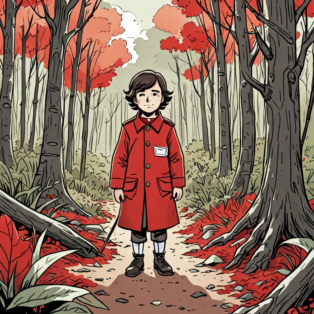 a girl in a red coat is standing in a forest with red leaves and a red umbrella in her hand, private press, a character portrait, Diego Gisbert Llorens, graphic novel