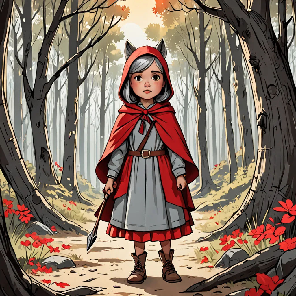a little girl dressed in a red cape and a red cloak standing in a forest with red flowers and a red cat, fantasy art, a storybook illustration, Diego Gisbert Llorens, storybook illustration