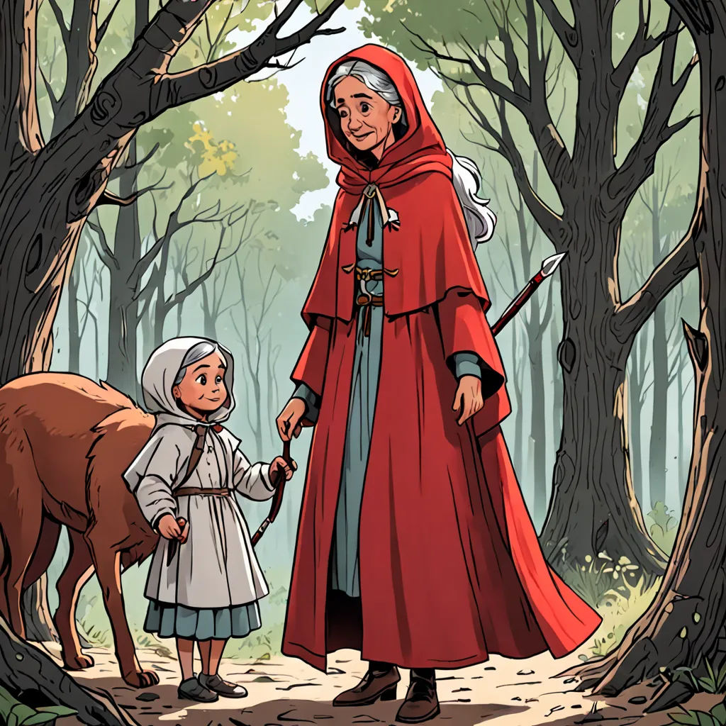 a woman in a red cloak and a little girl in a white dress are standing in a forest with a dog, fantasy art, a storybook illustration, Ada Gladys Killins, comic cover art