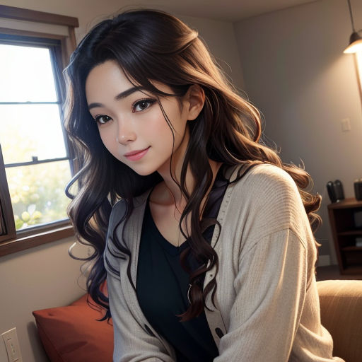 a woman sitting on a couch in front of a window with a smile on her face and long hair