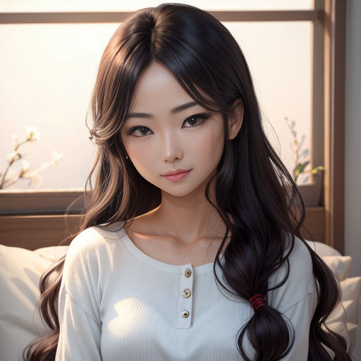 a woman with long hair and a white shirt on a bed with a window behind her and a flower in her hair