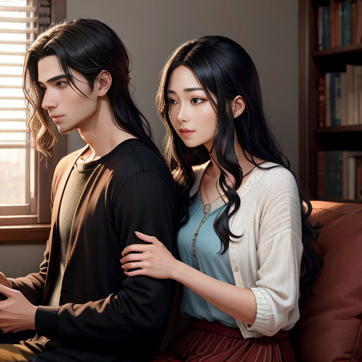 a couple of people sitting on a couch next to a window with a book shelf in the background and a window with blinds