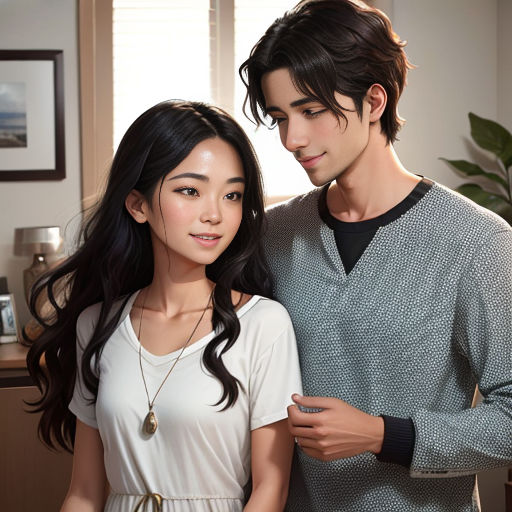 a man and a woman standing next to each other in a room with a window and a plant in the background