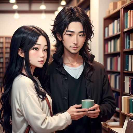 a man and a woman standing in a library holding a cup of coffee and looking at a book shelf