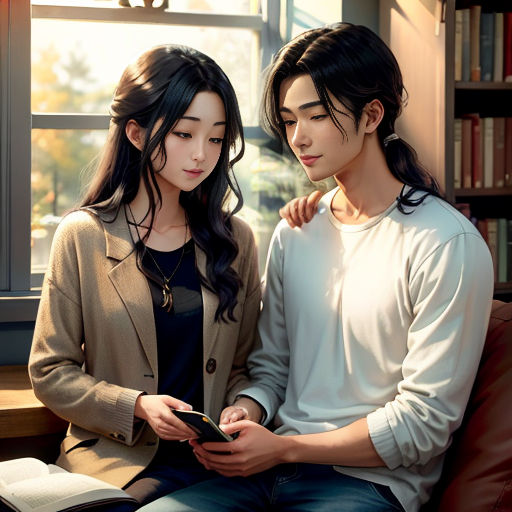 a couple of people sitting on a couch next to a window looking at a cell phone and a book