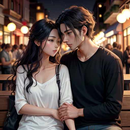 a couple sitting on a bench in a city at night, one of them is holding the other's hand
