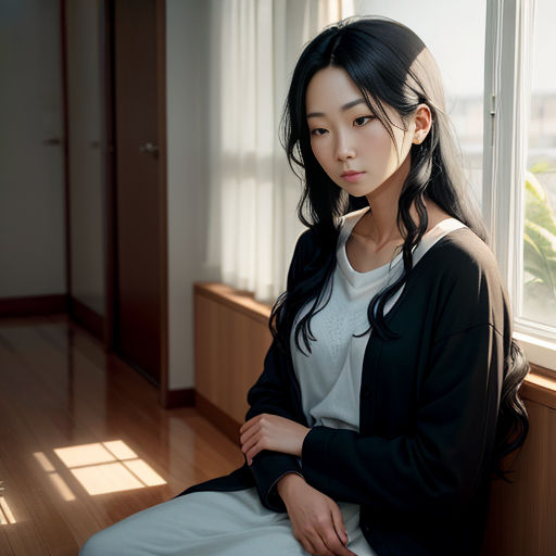 a woman sitting on a window sill looking out the window at the city below her, with her long hair in a ponytail