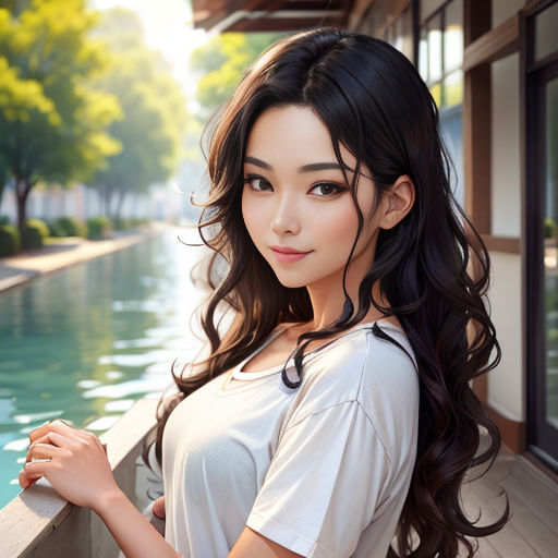 a woman standing on a balcony next to a pool of water with trees in the background and a building with a pool of water behind her