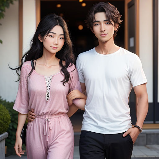 a man and a woman standing next to each other in front of a building with a door and a window